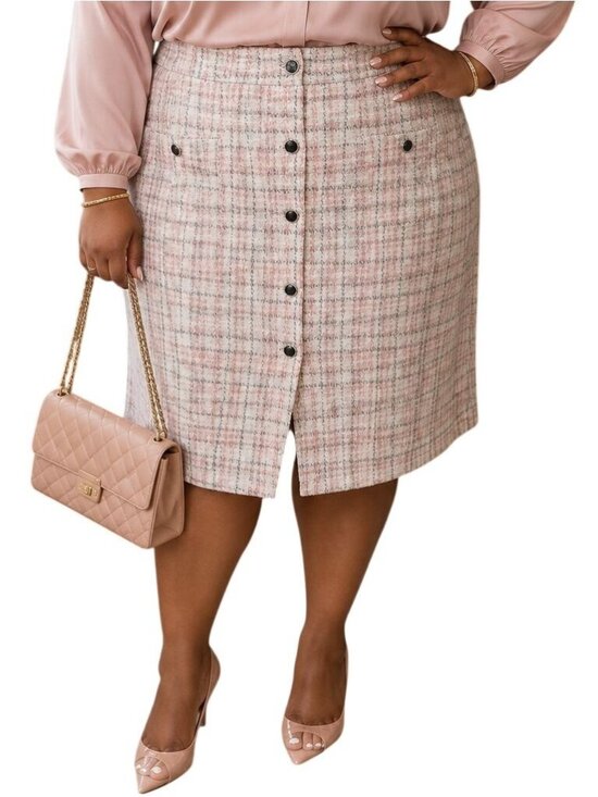 Catherine's Dresses & Skirts - Catherines Plus Size 26/28W Skirt Tweed Button Accent Pink Plaid Pull-On
